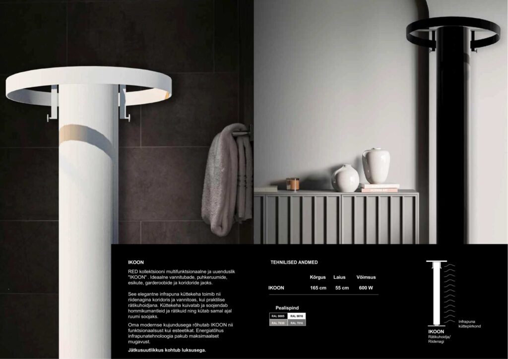 See elegantne infrapuna küttekeha toimib nii riidenagina koridoris ja vannitoas, kui praktilise rätikuhoidjana. Küttekeha kuivatab ja soojendab hommikumantleid ja rätikuid ning kütab samal ajal ruumi soojaks