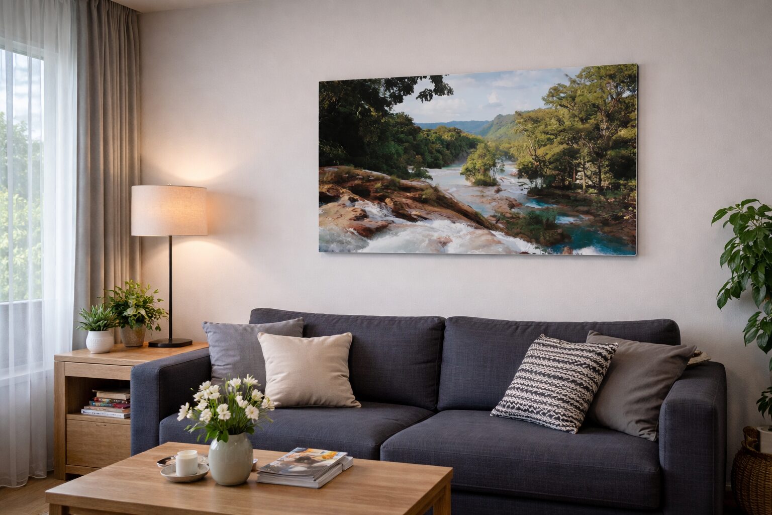 Efektse looduspildiga küttepaneel elutoa seinal